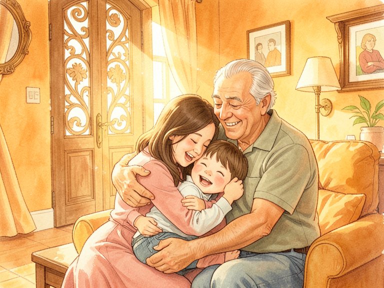 A small child reaching up toward a caregiver.