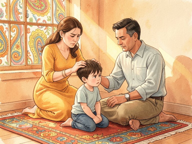 Three figures standing together as a family.