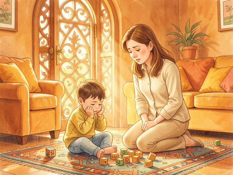 A small child reaching up toward a caregiver.