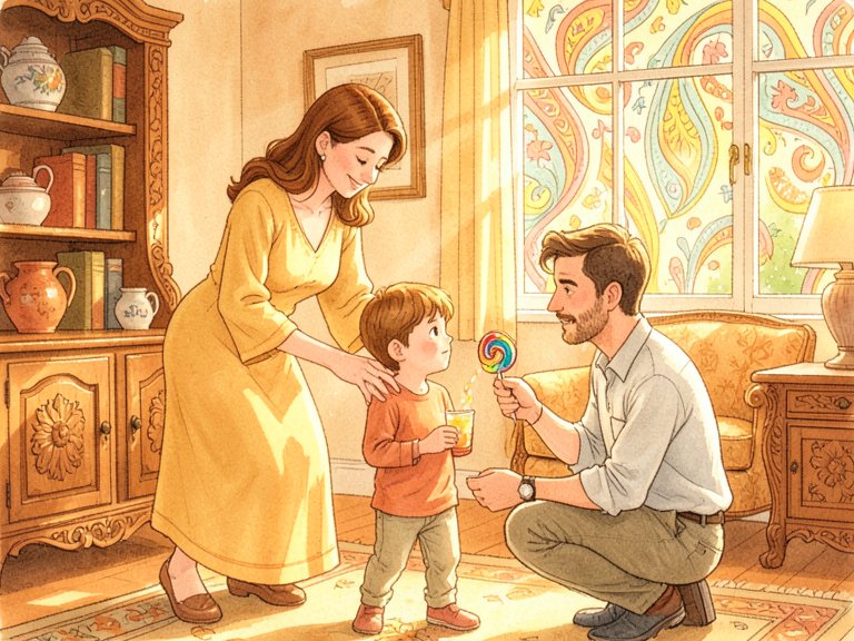 Two adults standing apart with a child between them and an unsaid speech bubble above