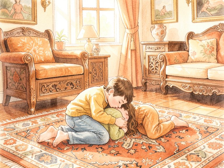 A small child reaching up toward a caregiver.