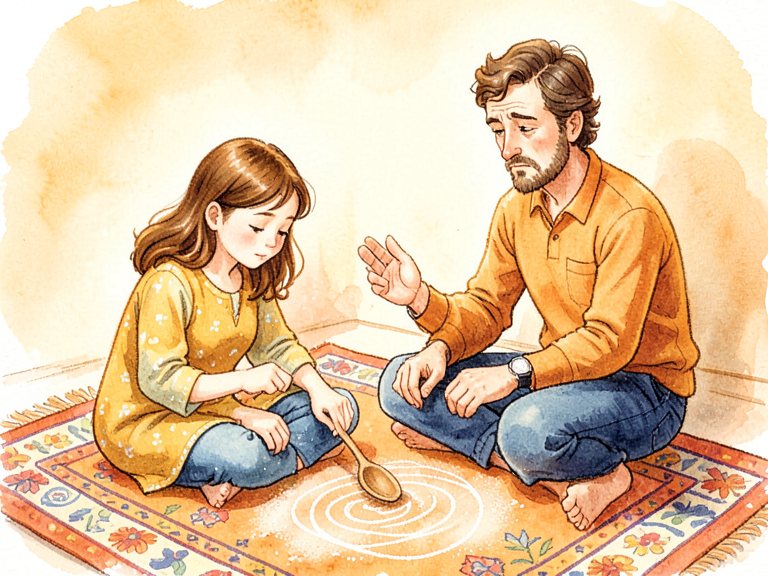 A parent speaking, an instruction repeated in fading speech bubbles.