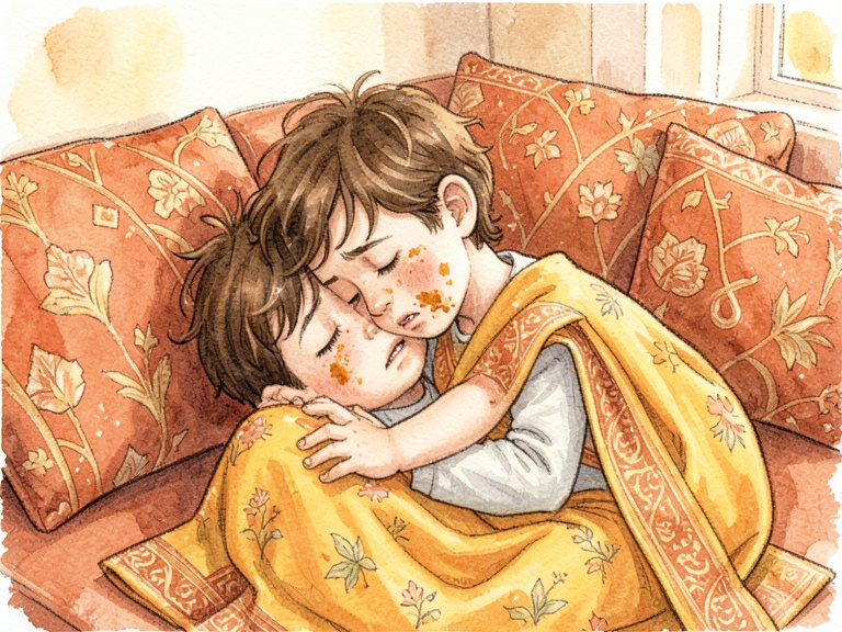 A small child reaching up with both arms toward a standing caregiver.