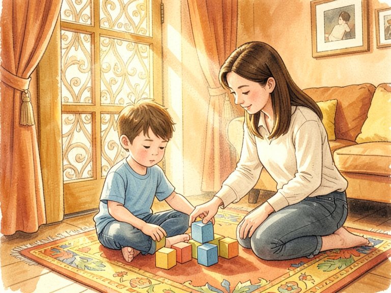 A parent standing while an instruction is repeated in fading speech bubbles.