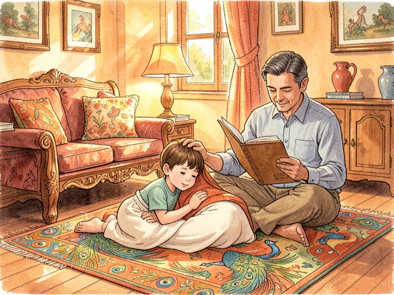 A child in bed at night with a caregiver at the bedside.