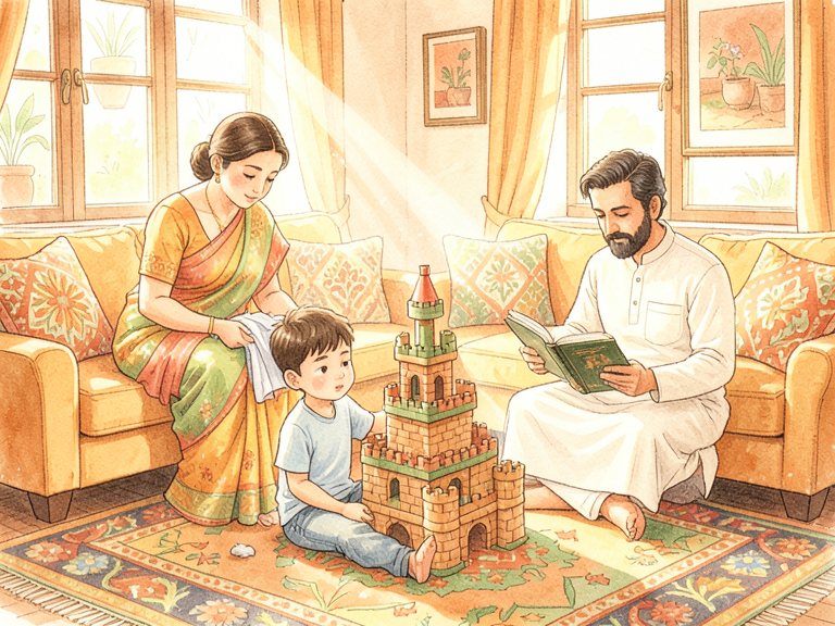 A parent figure facing their own reflection in a mirror.