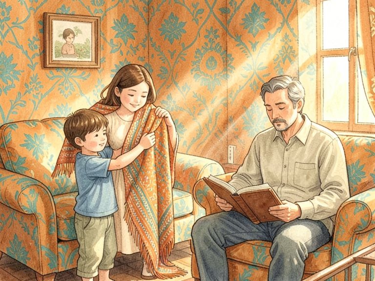 Three figures standing together as a family group.