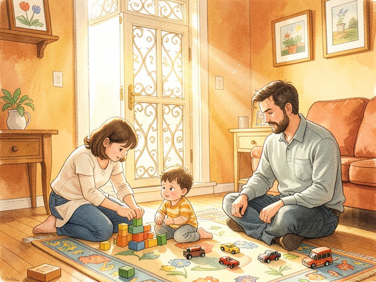 Three figures standing together as a family.