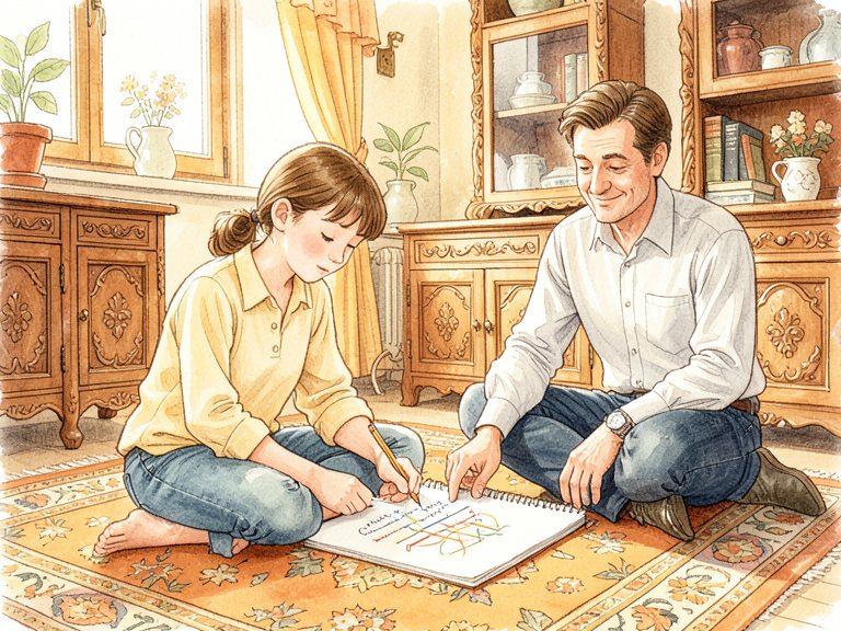 An adult's hand holding a pencil over a child's homework page.