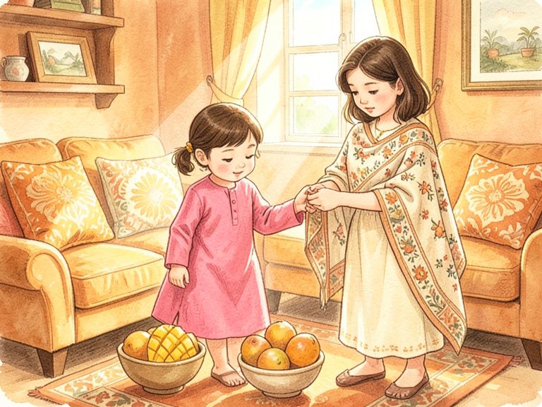 एक आकृति, जो एक बैग और एक बच्चे के बीच बँटी हुई है।