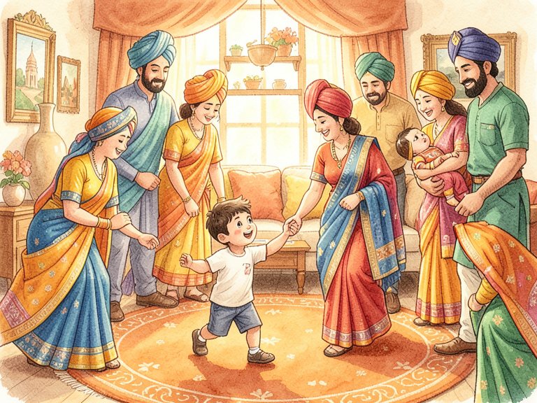 A gathering of relatives clustered together in a room.