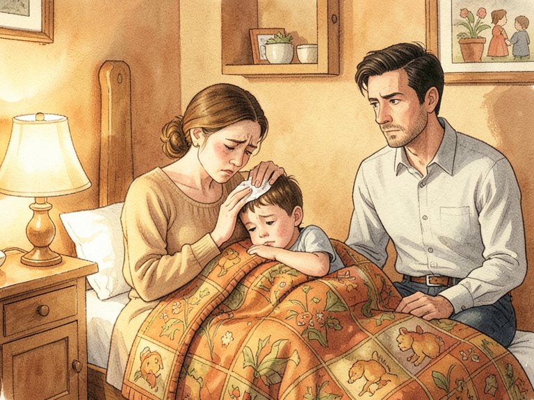 A child in bed at night with a caregiver sitting at the bedside.