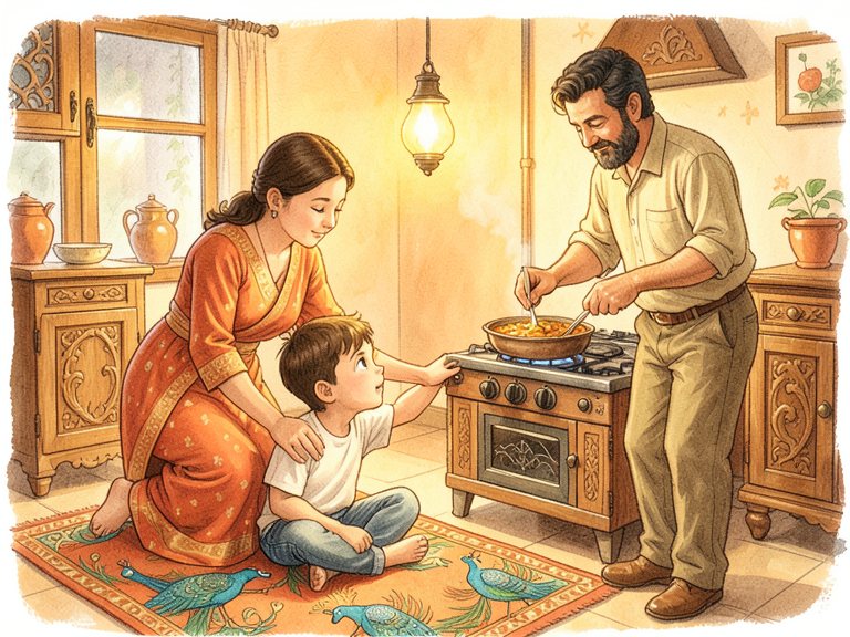 Three figures standing together as a family.