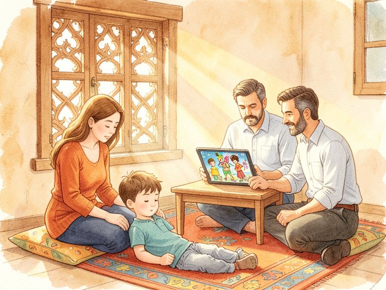 एक बच्चा टैबलेट की चमक में बैठा, बगल में किताबों से भरी एक शेल्फ।
