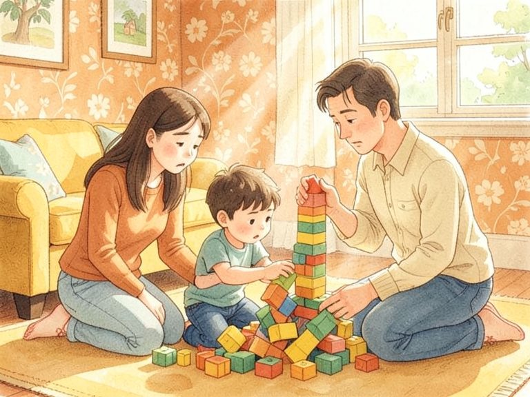 Three figures standing close together as a family.