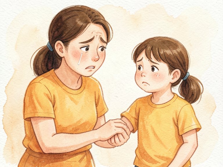 A small child reaching up toward a much taller adult.