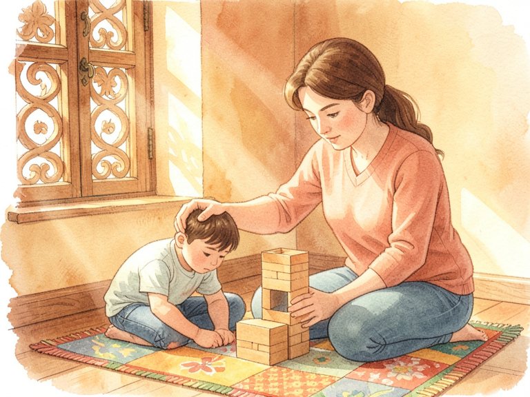 A child in bed at bedtime with a caregiver sitting close at the bedside.