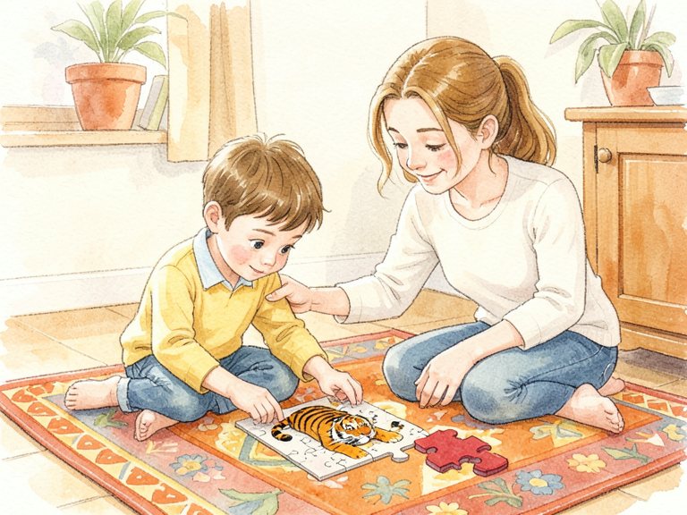 A child bent over a puzzle at a table, one piece pushed aside.