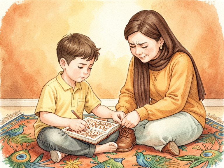 A parent leaning in to tie a child's shoelace and finish their homework.
