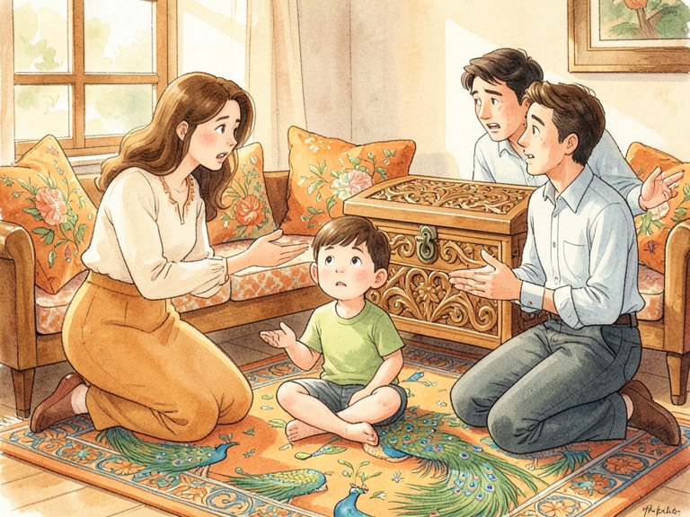 A gathering of relatives around a parent, each leaning in with a raised hand, speech bubbles overlapping.