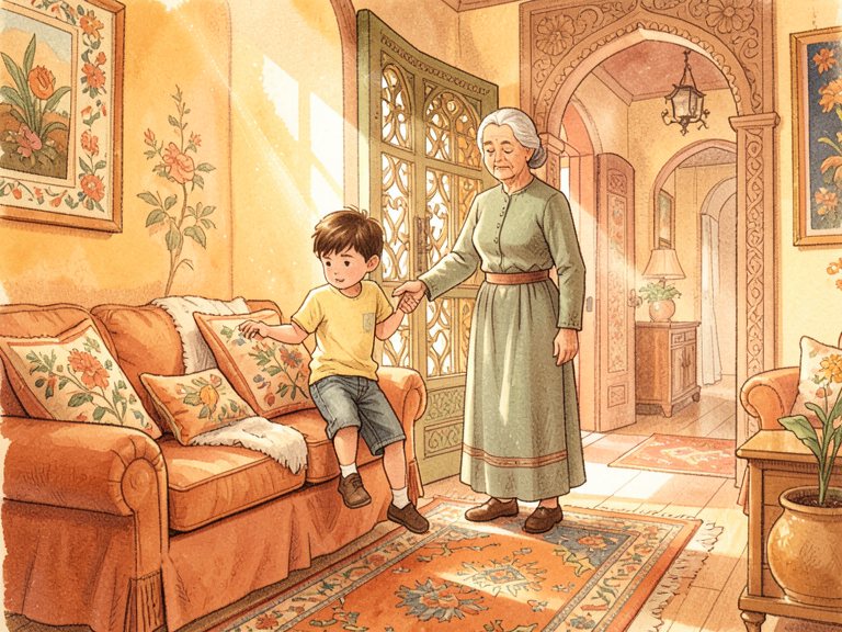 A child absorbed in the glow of a tablet while a parent slips out through a doorway behind them.