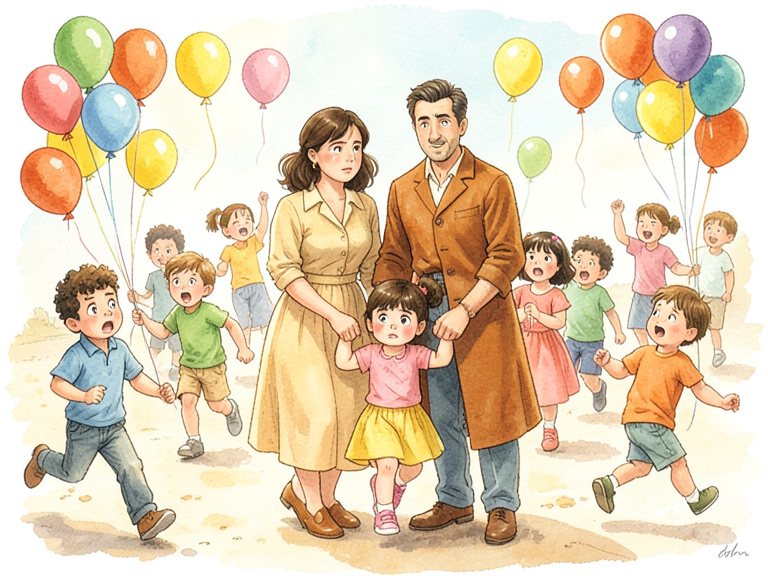 A child gripping a parent's leg at a party while other children run off to play.