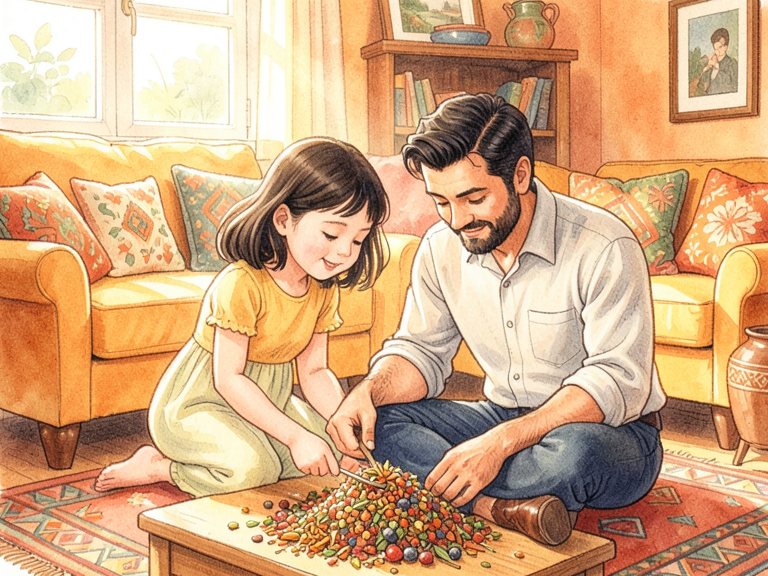 A child seated at a table with a plate, the day's domestic work laid out around it.