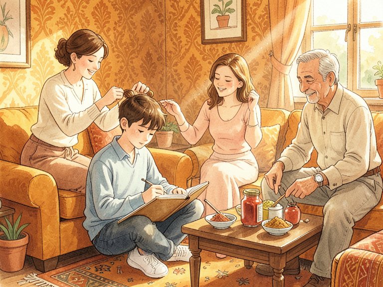 A gathering of relatives talking among themselves, a parent at the edge listening.