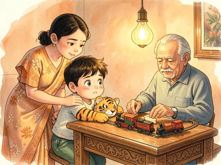 A parent repeating an instruction in fading speech bubbles to a resistant child.