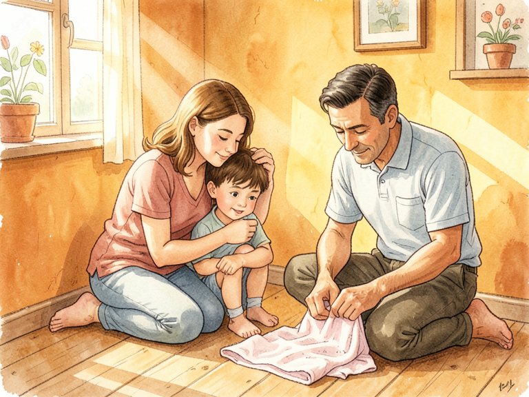 A child asleep in bed at night, caregiver at the bedside.