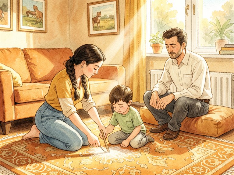 एक माता-पिता अपने ही अक्स के सामने, इस बारे में अनिश्चित कि उन्हें क्या दिख रहा है।