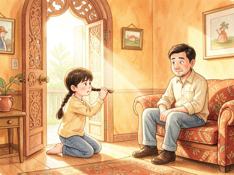 माता-पिता का एक संवाद-बुलबुला, जिसके पीछे एक छोटा गूँजता बुलबुला जो उससे मेल नहीं खाता।