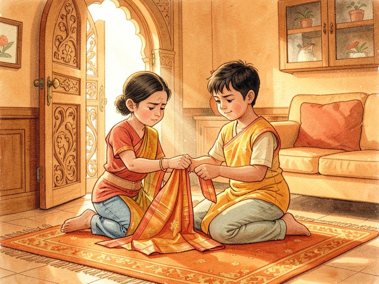 एक बच्चे के इर्द-गिर्द रिश्तेदारों का जमघट, एक बड़ा झुककर कुछ सिखाता हुआ।