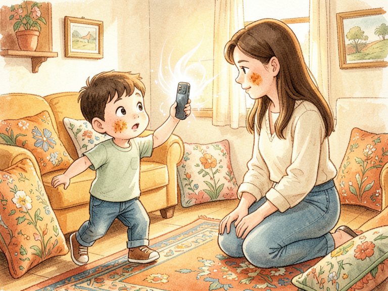 A speech bubble with a small echoing bubble beside it, next to a parent holding a phone.