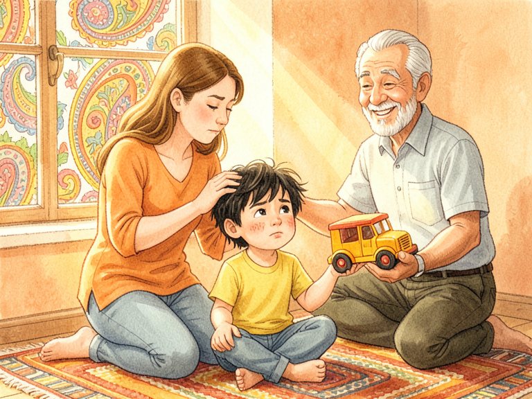 A gathering of relatives around a child who is smiling and calm.
