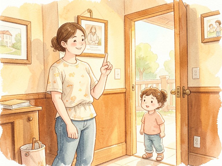 An open doorway with a small figure standing in it.